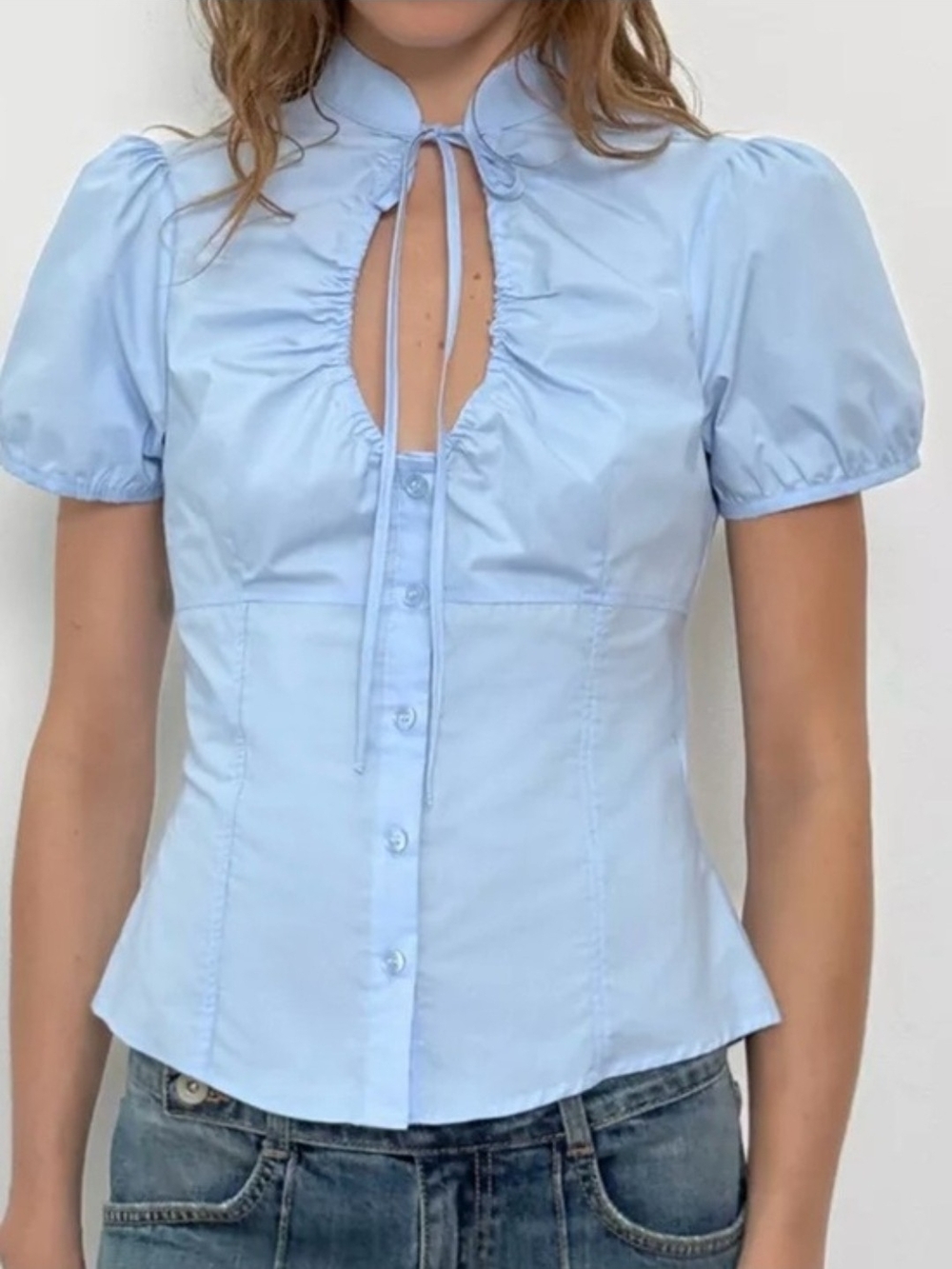 Zara Sky-Blue Puff Sleeve Button-Front Blouse with Tie Neck